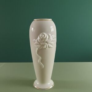 Vintage Lenox Ivory Porcelain Vase - Embossed Rose & Ribbon - 24K Gold Trim